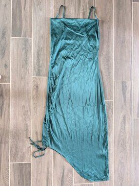 Lyaner Satin Slip Dress Green Asymmetrical Ruched Side Midi Size M